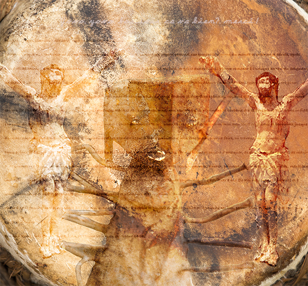 une peau de tambour avec une poupée vaudou au centre entourée de deux christ en croix